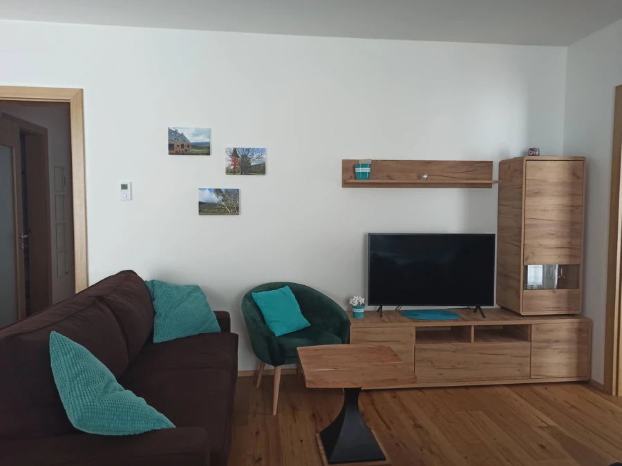 Obývací kout s pohovkou, křeslem a televizí