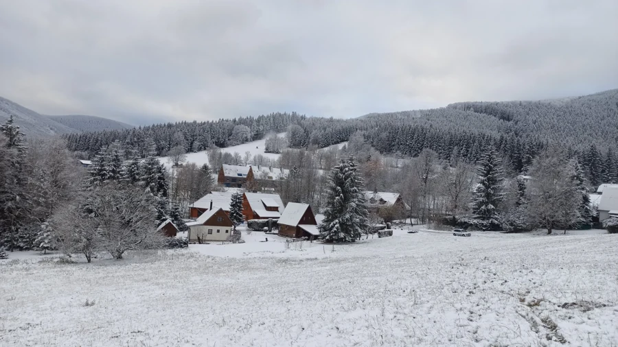 Domy a lesy pokryté čerstvým sněhem